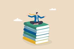 el mejor libro para ayudar al empresario a tener éxito en los negocios, el conocimiento o la habilidad para tener éxito y superar el concepto de obstáculo, el hombre de negocios de éxito inteligente meditando y aprendiendo nuevas habilidades en una pila de libros de negocios. vector