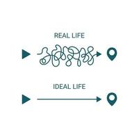 Real and ideal life, plan way destination. Compare route way from point A to B. Real chaotic route way and true easy ideal path. Vector illustration