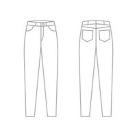 Jeans pants technical outline template, trousers denim with pockets. Fabric trousers mockup with front, back view. Vector flat illustration