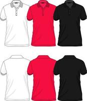 Short sleeve polo shirt Overall technical drawing fashion flat sketch front and back view. Collection of polo tee white, black and red color template view. vector