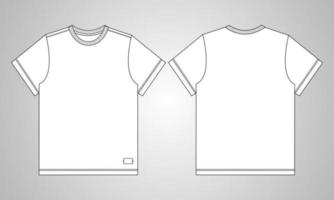 Camiseta de manga corta de corte regular con boceto técnico y plantilla plana de moda con escote redondo. ilustración vectorial diseño básico de ropa vista frontal y posterior. edición fácil y personalizable. vector