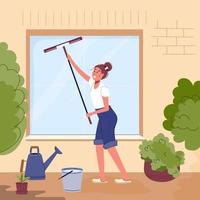 mujer de pie en el patio y lava la ventana de su casa con raspador de ventana y agua. personaje femenino feliz haciendo limpieza de primavera afuera. ilustración vectorial plana vector