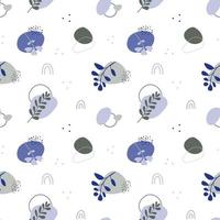Abstract boho plant branch and doodle shapes seamless pattern background. vector