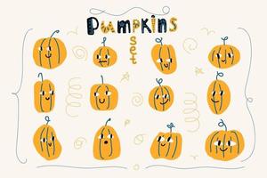 Cute cartoon pumpkin faces. Happy halloween doodle set. Boo print set. Vector illustration