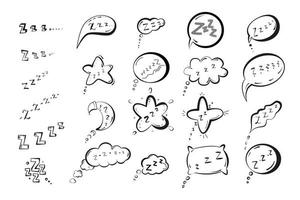 Sleep set in sketch cartoon style. Night doodle symbols pillow, moon, cloud, star, zzz text. Comic icons vector illustration isolated on white background