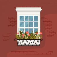 Window decorated with plants and greenery. Decorating facade of the building with living flowers. Colored flat vector illustration