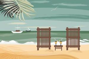 paisaje marino moderno. panorama de la playa paraíso con palmeras, tumbonas y cielo. concepto de vacaciones de verano en un complejo exótico. ilustración de vector plano para banner web de agencia de viajes, volantes, tarjetas