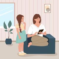 Mom sits in a chair and uses a tablet and her sad daughter stands next to her and waits for attention and love. The concept of lack of parental care. Isolated Flat vector illustration