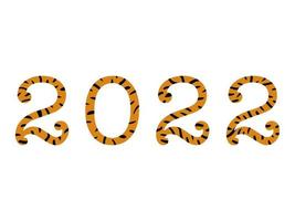 Striped orange and black cute numbers 2022. Symbol of the year of the tiger. Cartoon vector illustration isolated on white