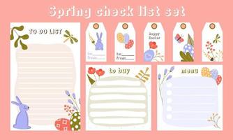 Set of Easter to do lists, pages for notes, labels and tags. Cute spring checklists templates. Colored flat vector illustration with floral decoration