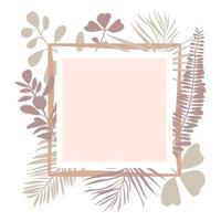 Floral square border frame with palm leaves and tropical plants. Copy space for text. Flat vector illustration isolated on white background