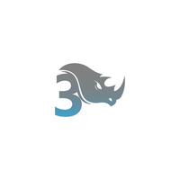 Number 3 with rhino head icon logo template vector