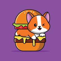 Cute Cat In Burger Cartoon Vector Icon Illustration. Animal Food Icon Concept Isolated Premium Vector. Flat Cartoon Style