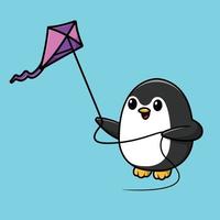 Cute Penguin Playing Kite Cartoon Vector Icon Illustration. Animal Game Icon Concept Isolated Premium Vector. Flat Cartoon Style