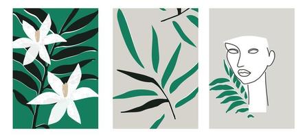 Set of three abstract minimalistic posters with woman face, leaves, flowers and branches. Foliage drawing, natural art print vector illustration. Plant design for background, wallpaper, card, wall art
