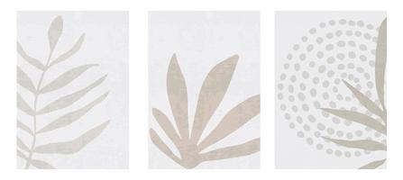 Set of three botanical posters vector illustration. Foliage drawing and abstract shapes. Minimal, natural, leaves and ferns art print. Abstract plant design for background, wallpaper, card, wall art