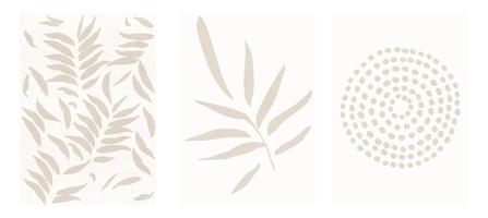 Set of three botanical posters vector illustration. Foliage drawing and abstract shapes. Minimal, natural, leaves and ferns art print. Abstract plant design for background, wallpaper, card, wall art