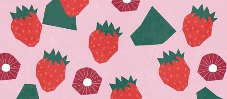 Strawberry fruit poster. Summer tropical design with strawberries. Banner for bar, cocktail, milk shake poster. Design for menu, packaging, fabric. Healthy diet, vegan food concept vector