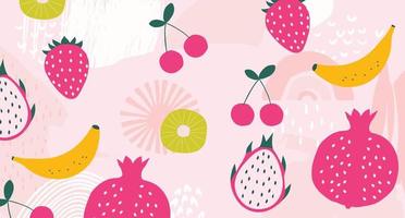 cartel de frutas exóticas. diseño tropical de verano con frutas, plátano, fresa, granada, pitaya, cereza, mezcla de colores kiwi. dieta saludable, ilustración de vector de fondo de comida vegana