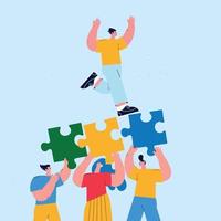 Teamwork and team building, corporate organization and partnership, problem solving, creative solution, innovative business approach, brainstorming, unique ideas and skills flat vector illustration