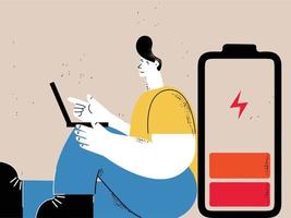 Depression, anxiety problems, burnout, stress concept flat vector illustration. Sad, unhappy, exhausted and tired man thinking, feeling stressed and frustrated