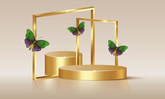 3d empty stage with gold square archs decorated with colorful butterflies, vector isolated on beige background. Set Showcase with blank podium and floral arrangement, commercial product display mockup