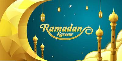 Ramadan Kareem background with crescent moon decoration, lantern, mosque tower and cloudy vector