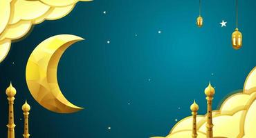 Ramadan Kareem background with crescent moon decoration, lantern, mosque tower and cloudy vector