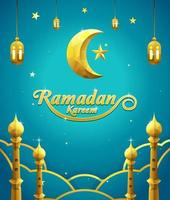 Ramadan Kareem Poster with Crescent Moon Decoration, lantern, mosque tower and cloud vector