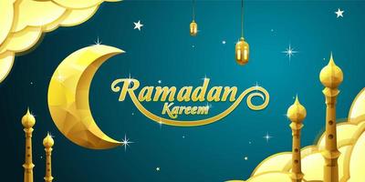 Ramadan Kareem background with crescent moon decoration, lantern, mosque tower and cloudy vector