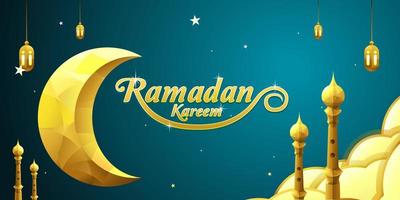 Ramadan Kareem background with crescent moon decoration, lantern, mosque tower and cloudy vector