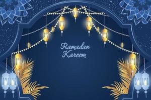 Ramadan Kareem Islamic style background blue and gold luxury with beautiful lamp