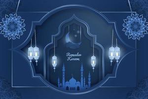 Ramadan Kareem Islamic background blue luxury with mosque vector