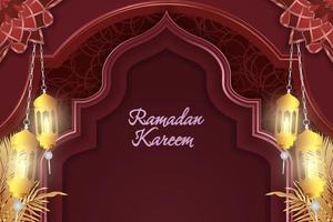 Ramadan Kareem Islamic style background red color with beautiful lamp vector