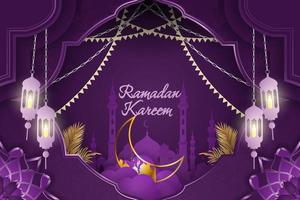 Ramadan Kareem Islamic background purple color with mosque silhouette and gold moon vector