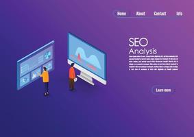 SEO analytics team landing page. IT specialists with computer working around analytic web pages with charts. Search engine optimization analysis concept. Vector 3d illustration