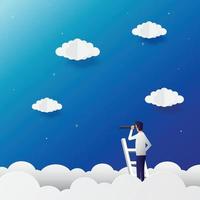 Businessman vision vector concept with businessman standing on top of ladder above clouds. Symbol of new opportunities, career ladder, visionary, success, promotion. Eps10 vector illustration