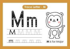 Alfabeto rastrear letra a a z hoja de trabajo preescolar con letra m mono vector