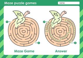 actividad de juegos de rompecabezas de laberinto para niños con diseño de frutas vector