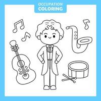 Coloring cute baby animal cartoon with Occupation job Musician vector