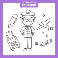 Coloring cute baby animal cartoon with Occupation job Pilot vector