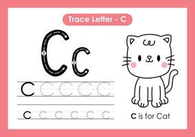 hoja de trabajo preescolar de la letra a a la z del alfabeto con el gato de la letra c vector