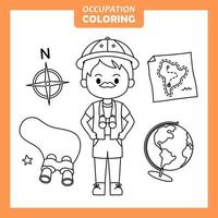 Coloring cute baby animal cartoon with Occupation job Geographer vector