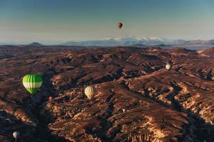 Amazing sunset over Cappadocia. Beautiful color balloons. Turkey photo