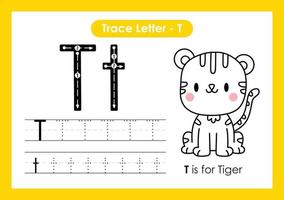 hoja de trabajo preescolar de la letra a a la z del alfabeto con la letra t tigre vector
