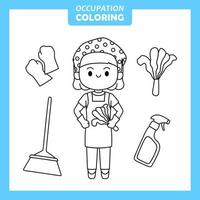 Coloring cute baby animal cartoon with Occupation job House keeper vector