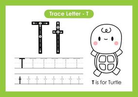 Alphabet Trace Letter A to Z preschool worksheet with Letter T Turtle vector