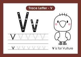 Alphabet Trace Letter A to Z preschool worksheet with Letter V Vulture vector