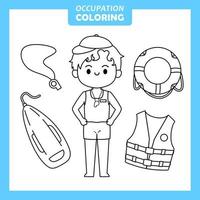 Coloring cute baby animal cartoon with Occupation job lifeguard vector