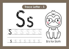 Alphabet Trace Letter A to Z preschool worksheet with Letter S Sloth vector